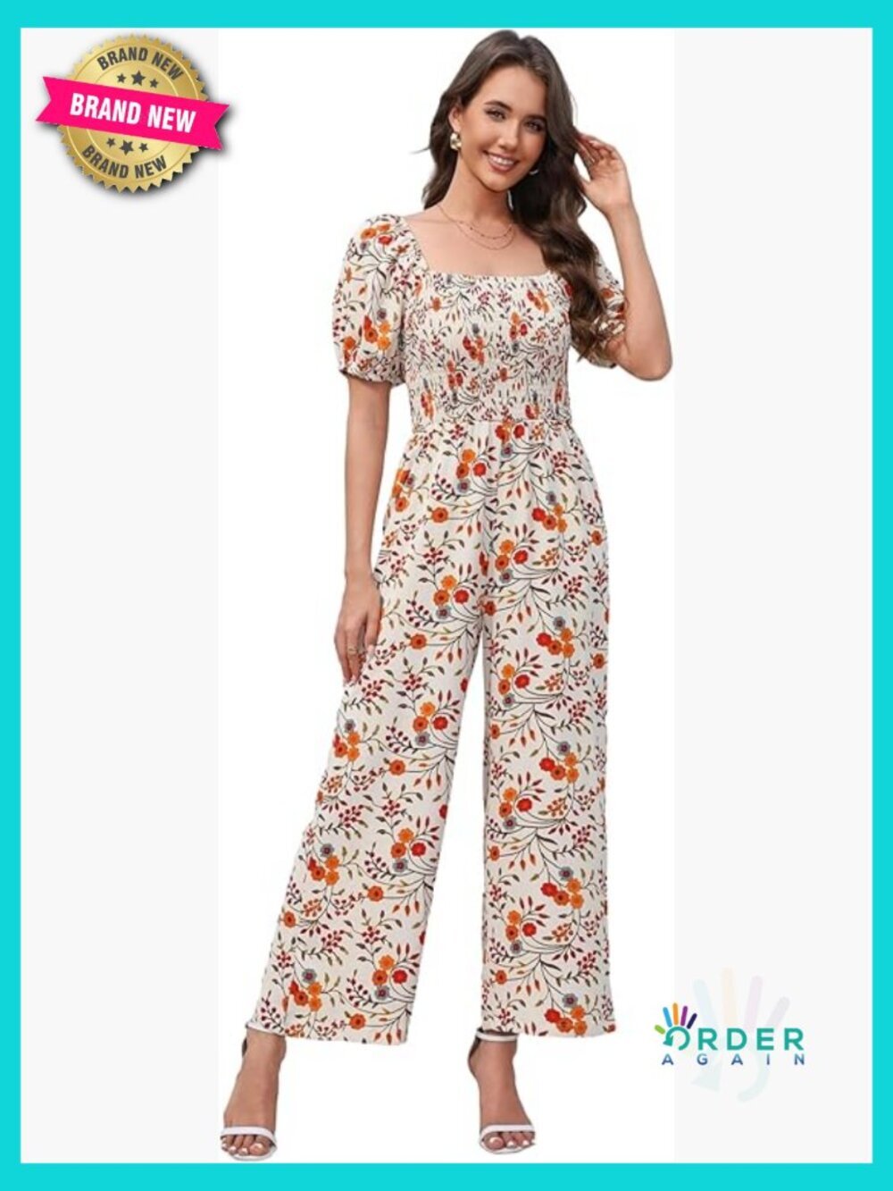 Floral Smocked Jumpsuit Wide Leg Romper Puff Sleeve Elegant Boho Chic